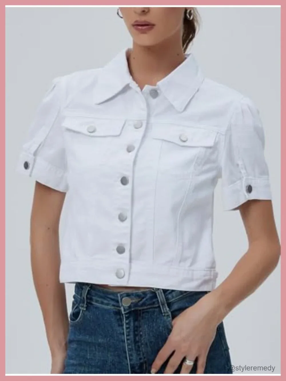 Cropped Denim Jacket Women Puff Short Sleeve Trucker Coat Slim Fit Summer